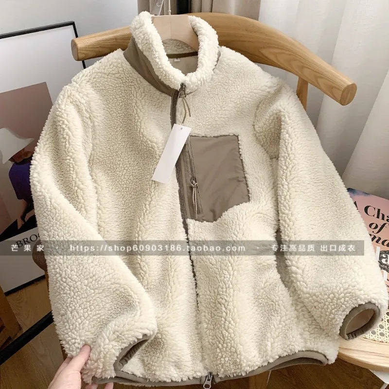 Autumn Winter Lambswool Coat Male Loose Windproof Warm Sherpa Stand Collar Polar Fleece Jacket Unisex Simple  Pocket Spliced Top