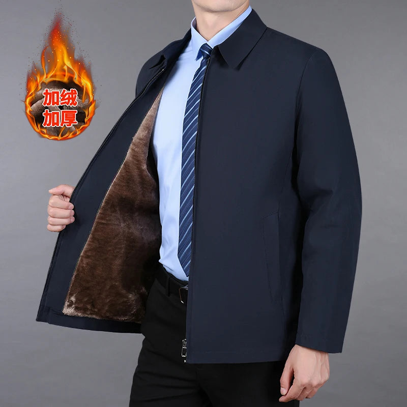 Men Business Jacket Parkas Mid-aged Men's Lapel Jacket with Zipper Pockets for Formal Business or Casual Wear in Autumn Winter