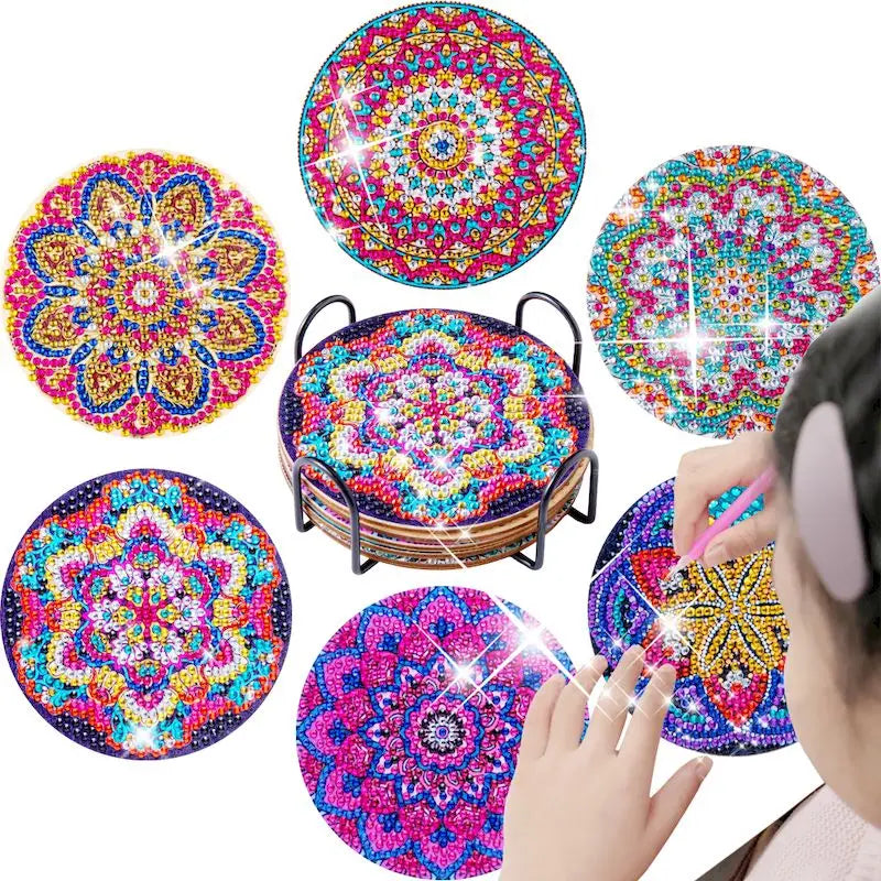 PhotoCustom 6pc/Sets Diamond Painting Coasters 5D DIY Round Diamond Mosaic Mandala Cup Coasters With Holder Kitchen Accessories