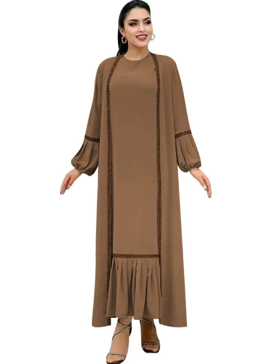Muslim Women Hijab Dress 2 Piece Set Eid Lantern Sleeve Maxi Long Dress Islamic Clothing Caftan Kimono Big Swing Abaya Dresses
