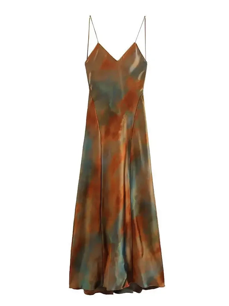 2023 New Women's Elegant Sexy Long Dress V-neck Open-back Rainbow Printing Tank Dress Sleeveless Summer Fashion