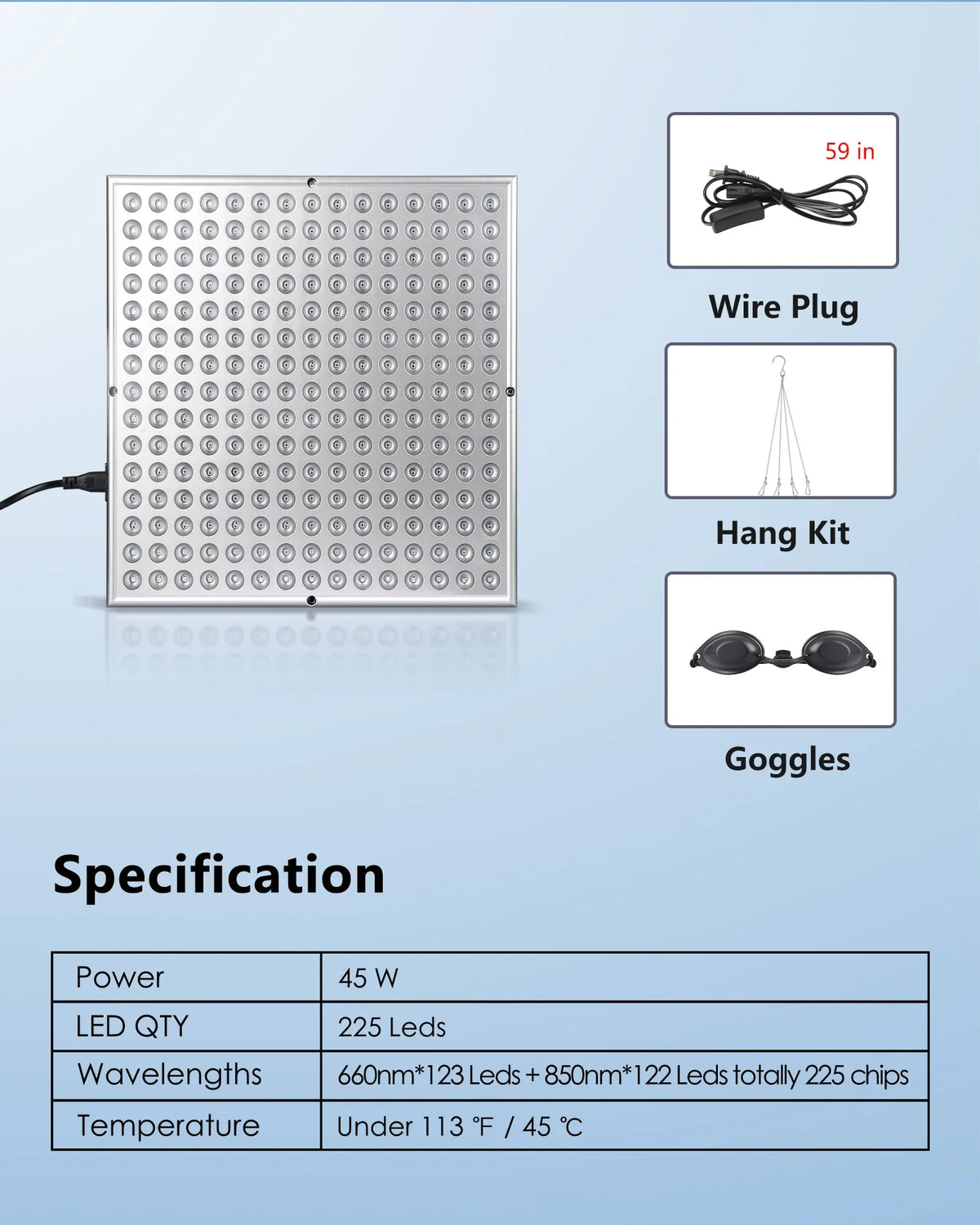 45W LED Red Light Therapy Panel Lamp for Facial Anti Aging Skin Care Beauty 225 LED Light Body Pain Relief Physical Therapy