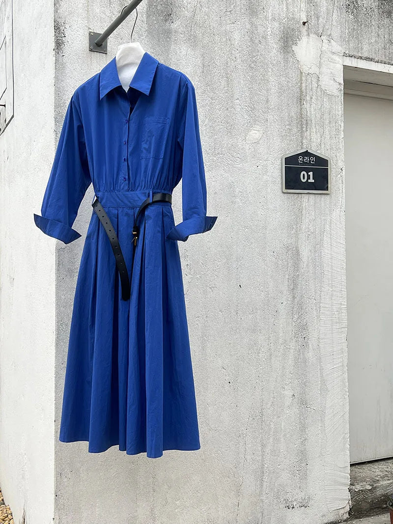 Polo‘s Collar Shirt Dress  Women Spring Slimming Long Dress With A Cinched Waist Blue / Pink