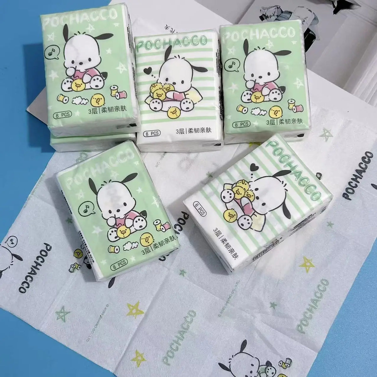 Kawaii Hello Kitty Handkerchief Paper Cartoon Sanrio Pochacco Kitty Printed Napkins Portable Small Pocket Tissues Facial Paper