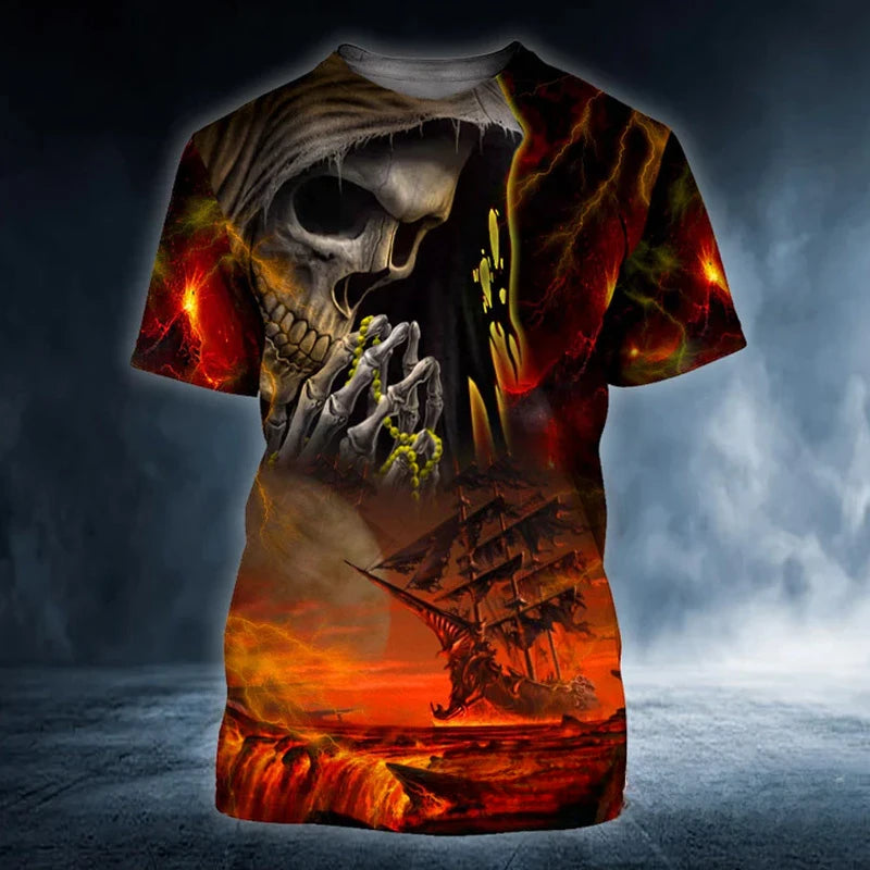 Summer Retro T Shirt Men 3D Printed Skull Angel Graphic Tees Fashion Clothes Oversized  Streetwear O Neck Short Sleeve Man Tops