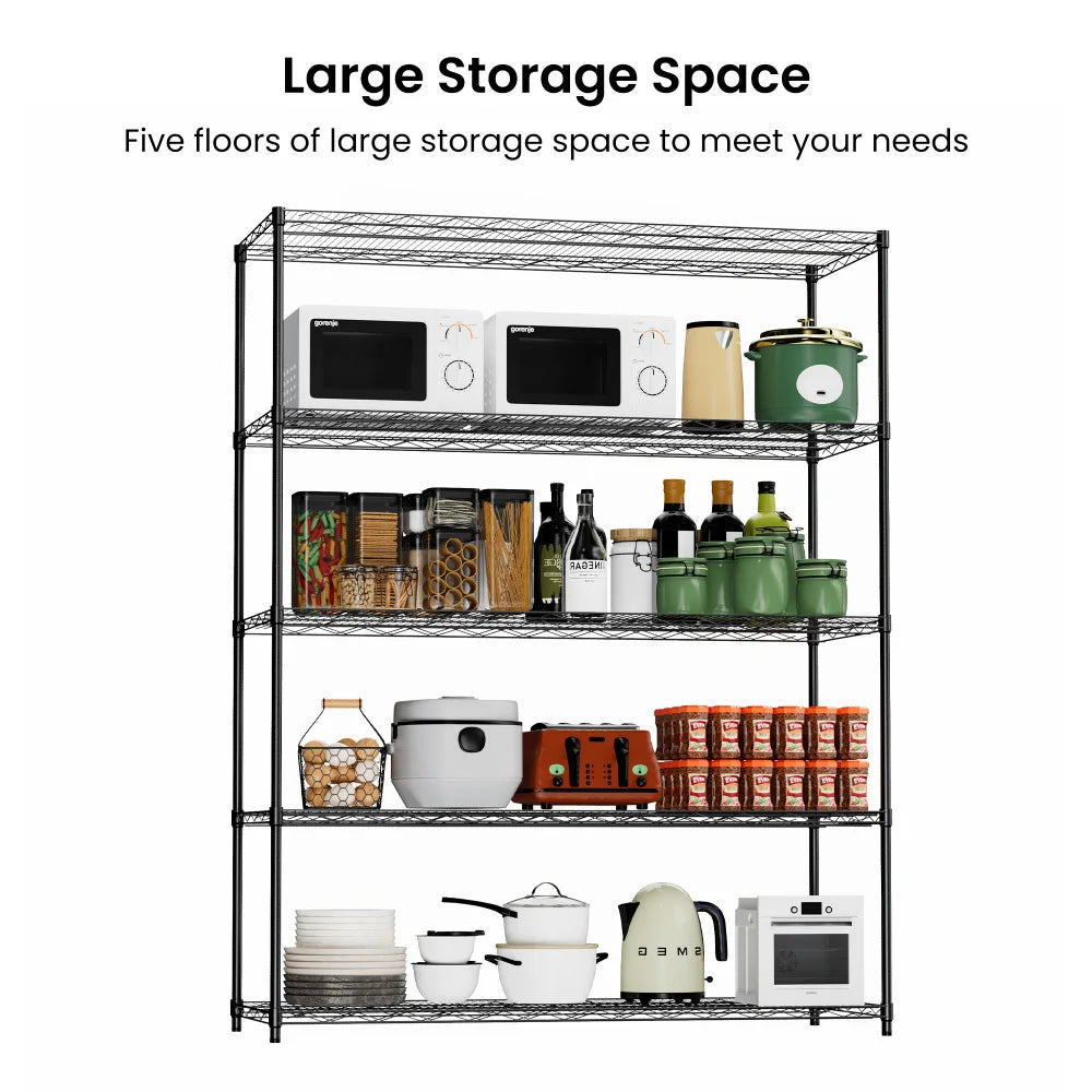 Warehouse supermarket kitchen other 5-layer heavy-duty adjustable shelves with wheels  adjustable feet  frame bearing 300 pounds