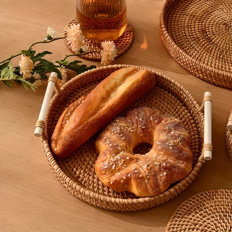Rattan Tray Round Storage Basket Tray with Handles Natural Hand Woven Baskets Bread Fruit Food Plate Tray Home Kitchen Supplies