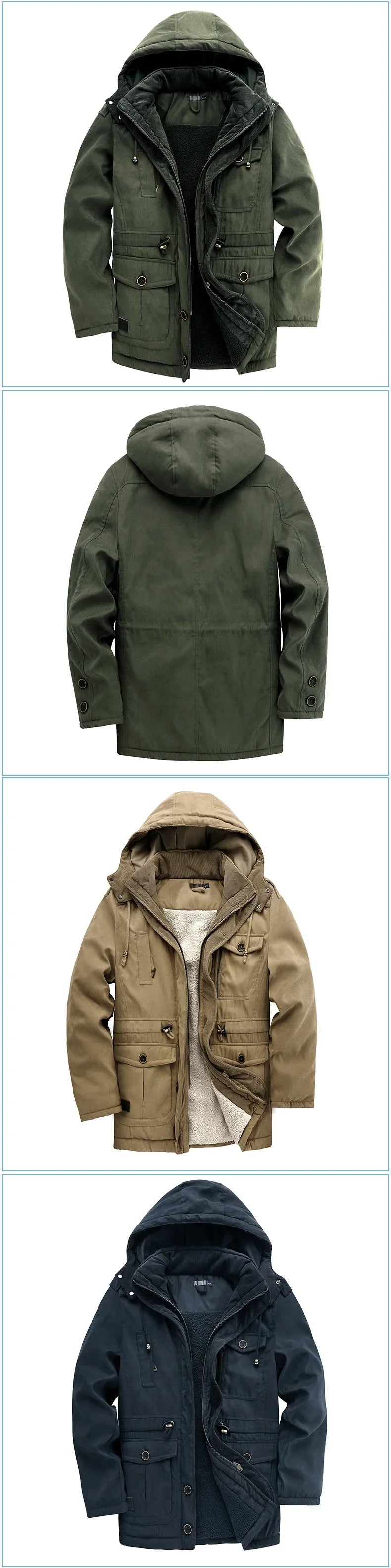 Men's Jacket WINTER USA SIZE Large SIZE Lamb Fleece JACKETS Hooded Cotton Thickened Multi Pocket Casual Mid length Coat