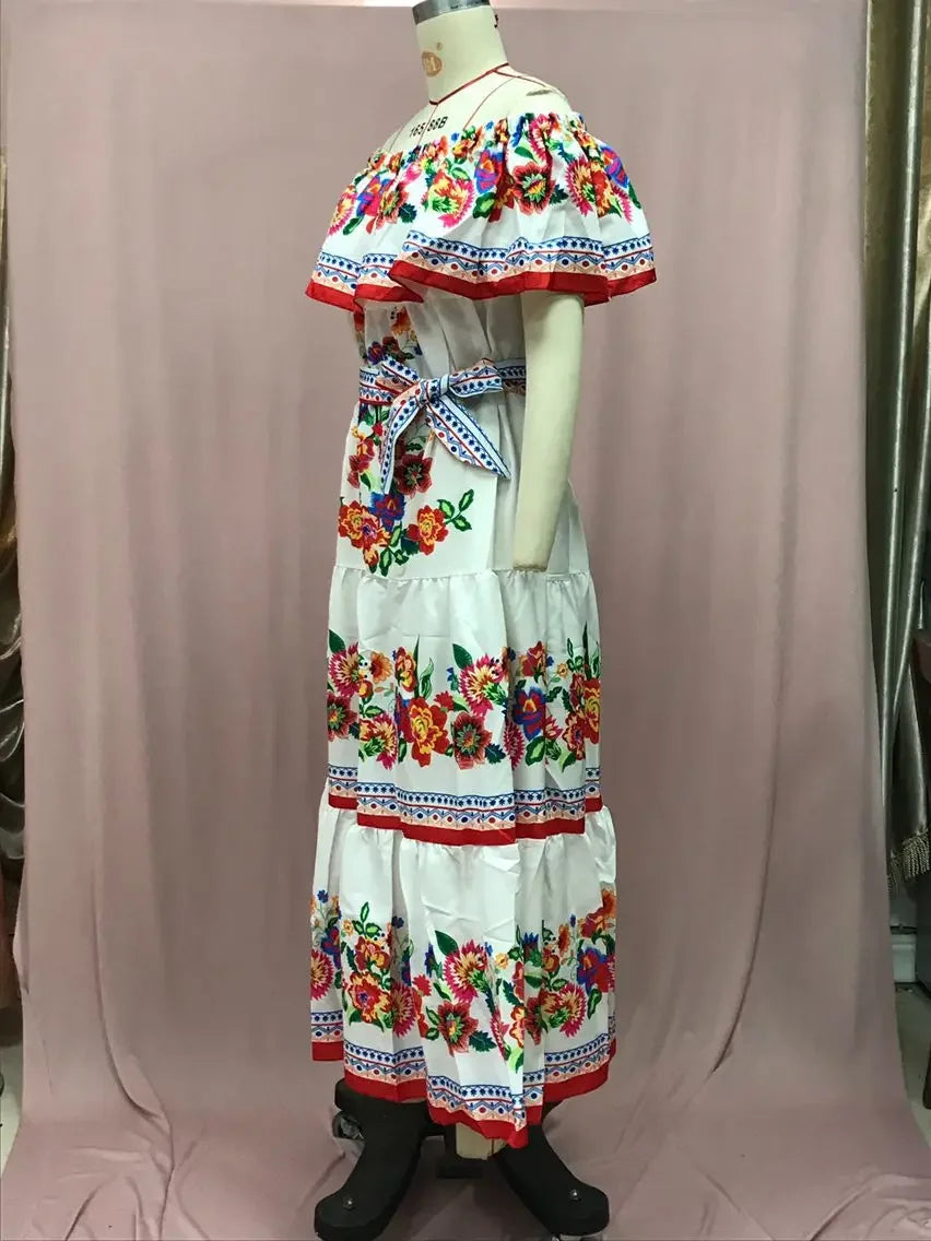 2024 Spring Summer New Independent Stand Amazon Off-shoulder Red Flower Printing Long Dress Oversized Wide Hemline Sleeveless