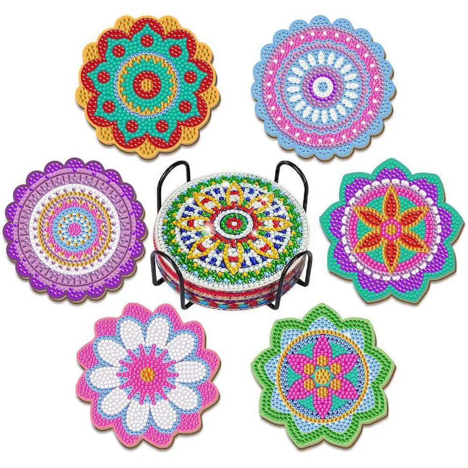 PhotoCustom 6pc/Sets Diamond Painting Coasters 5D DIY Round Diamond Mosaic Mandala Cup Coasters With Holder Kitchen Accessories
