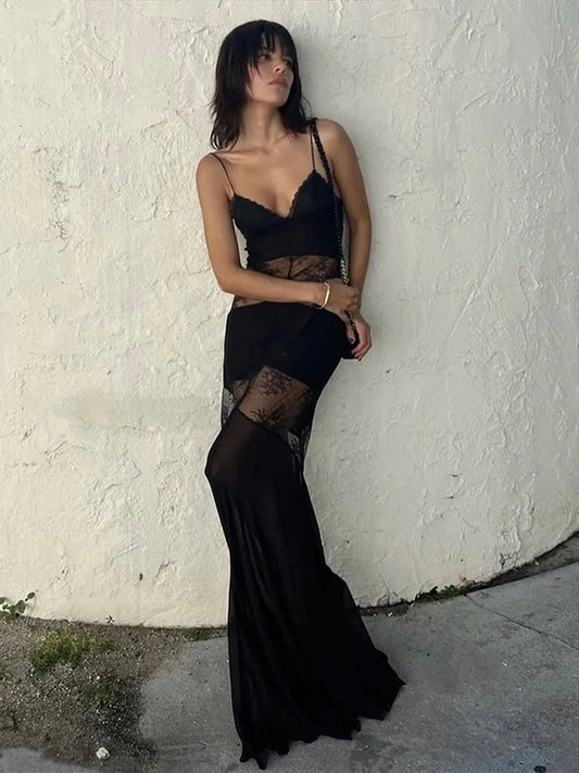 New Sexy Lace V-neck Sling Long Dress Women Retro Black Perspective Sleeveless Patchwork Maxi Dresses Female Chic Street Party