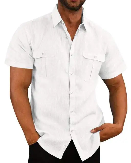 Cotton Linen Hot Sale Men Short-Sleeved Shirts Summer Solid Color Stand-Up Collar Casual Beach Style Plus SizeMale Shirts