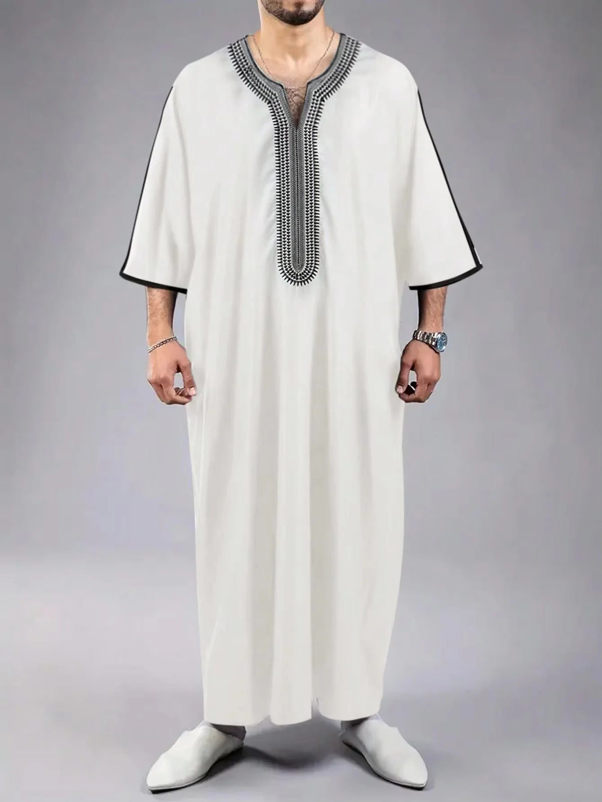 Muslim ethnic style men's long robe, Eid al Fitr formal attire, round neck embroidered men's robe, various colors men's robe