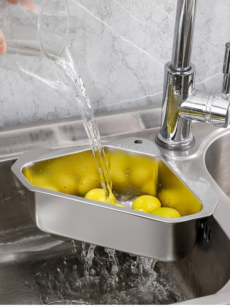 Stainless Steel Triangle Drain Basket Kitchen Sink Filter Shelf Fruit Vegetable Drainer Storage Rack Basket Bar with Suction Cup