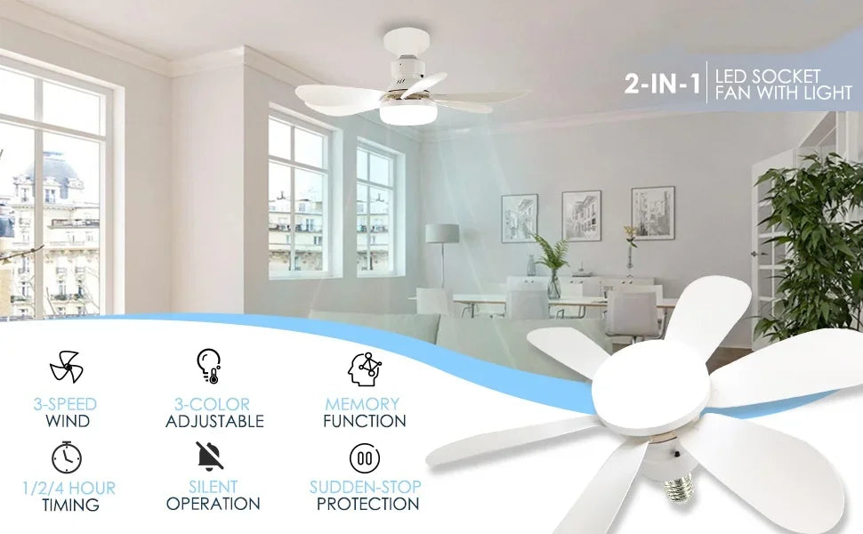 LED 40W Socket Ceiling Fan with Light, 20.5in Screw Ceiling Fans with Lights with Remote, For Bedroom/Garage/Kitchen