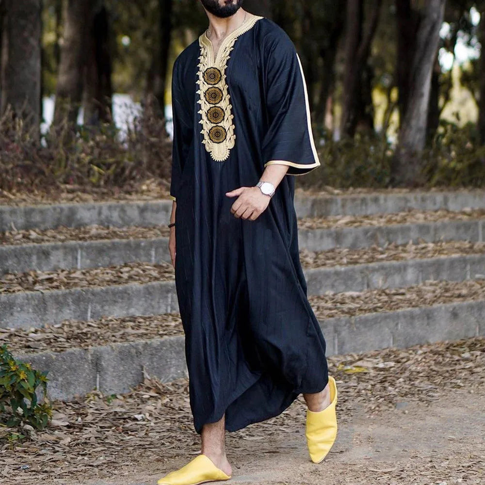 Men Muslim Summer Fashion Loose Robe Islam Kaftan Men Clothing Dubai Luxury Muslim Abaya Muslim V-neck Short Sleeve Printing