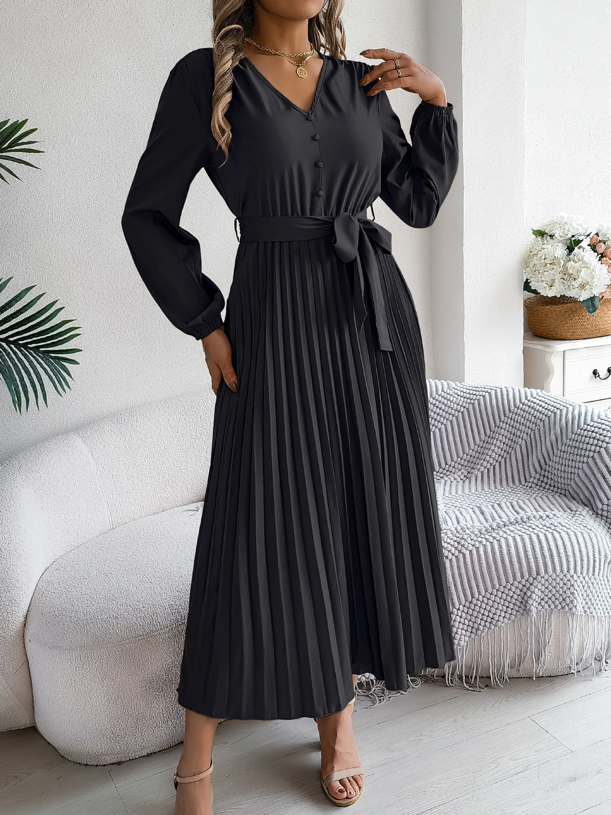 Autumn Winter Elegant V-Neck Button Belt Long Sleeved Solid Color Pleated Long Dress For Women Dresses