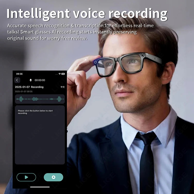 Smart Glasses Recording Videos AI Photo Recognition Answer Translation 260mAh Large Battery IP65 Waterproof Bluetooth Glasses