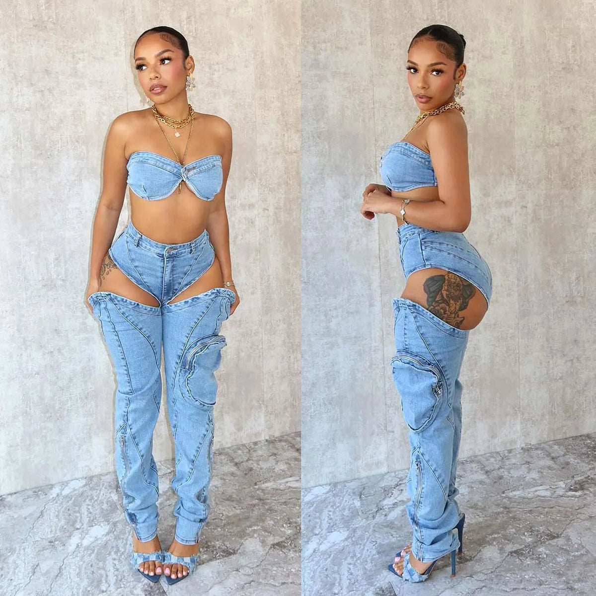 Sexy Denim Bikini Tops Two Piece Sets Matching Outfits 2024 Y2K Streetwear Women Pencil Denim Jean Pant Summer 2 Piece Sets