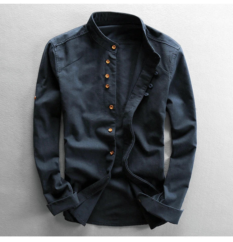 Men Spring Autumn Japan Vintage Style Cotton Linen Shirts Stand Collar Slim Fit Single Breasted Simple Design Soft Casual Shirt