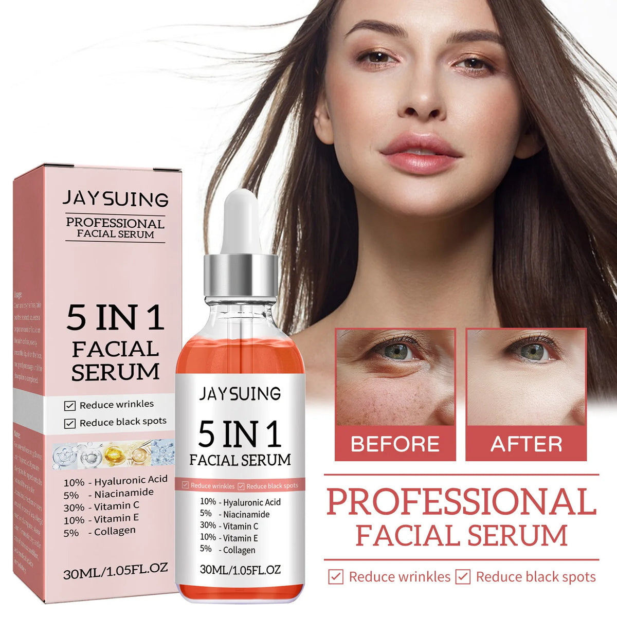 5 In 1 Facial Serum Fade Fine Lines Firming Skin Shrink Pores Moisturizing Brightning Vitamin C Hyaluronic Acid Face Serum