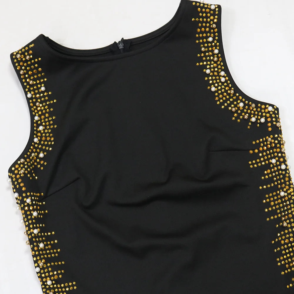 CM.YAYA Fall Diamonds Hot Rhinestones Tassel O-neck Women Sleeveless Bodycon Long Dress Birthday Party Evening Prom Maxi Dresses