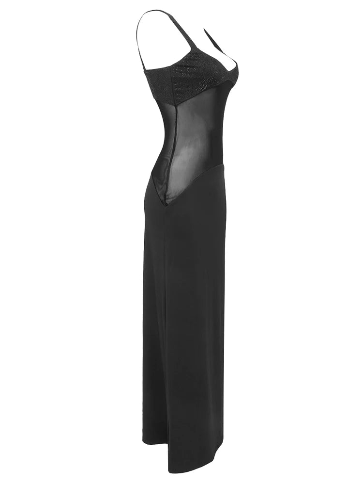 Sexy Spaghetti Strap Diamonds Mesh Patchwork Long Dress Women Sleeveless Beaded Maxi Slim Dress Celebrity Club Party Gowns