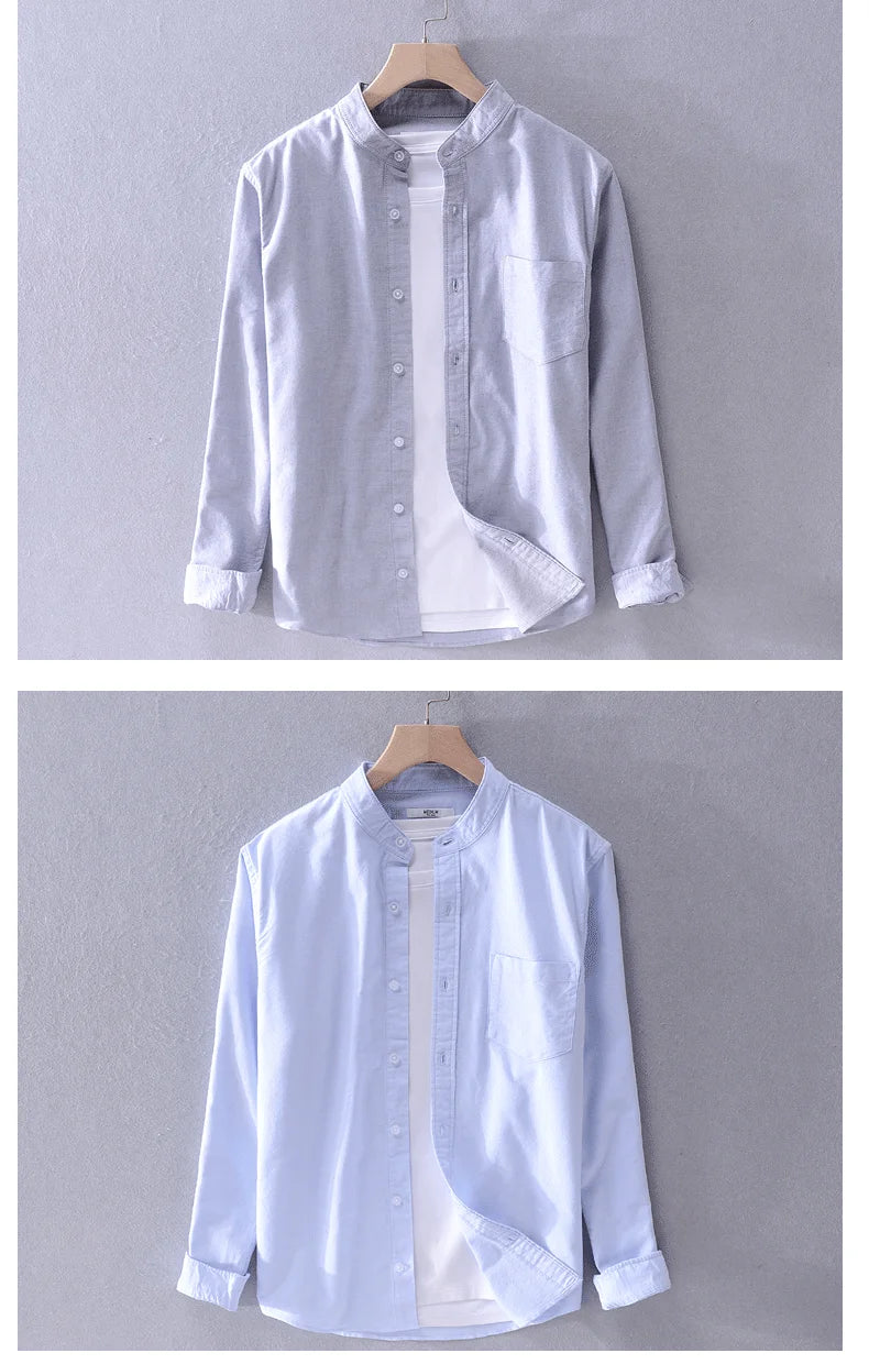 Spring Autumn New Solid Color Fashion Stand Collar Shirt Man High Street Casual Loose Button Long Sleeve Pure Cotton Cardigan