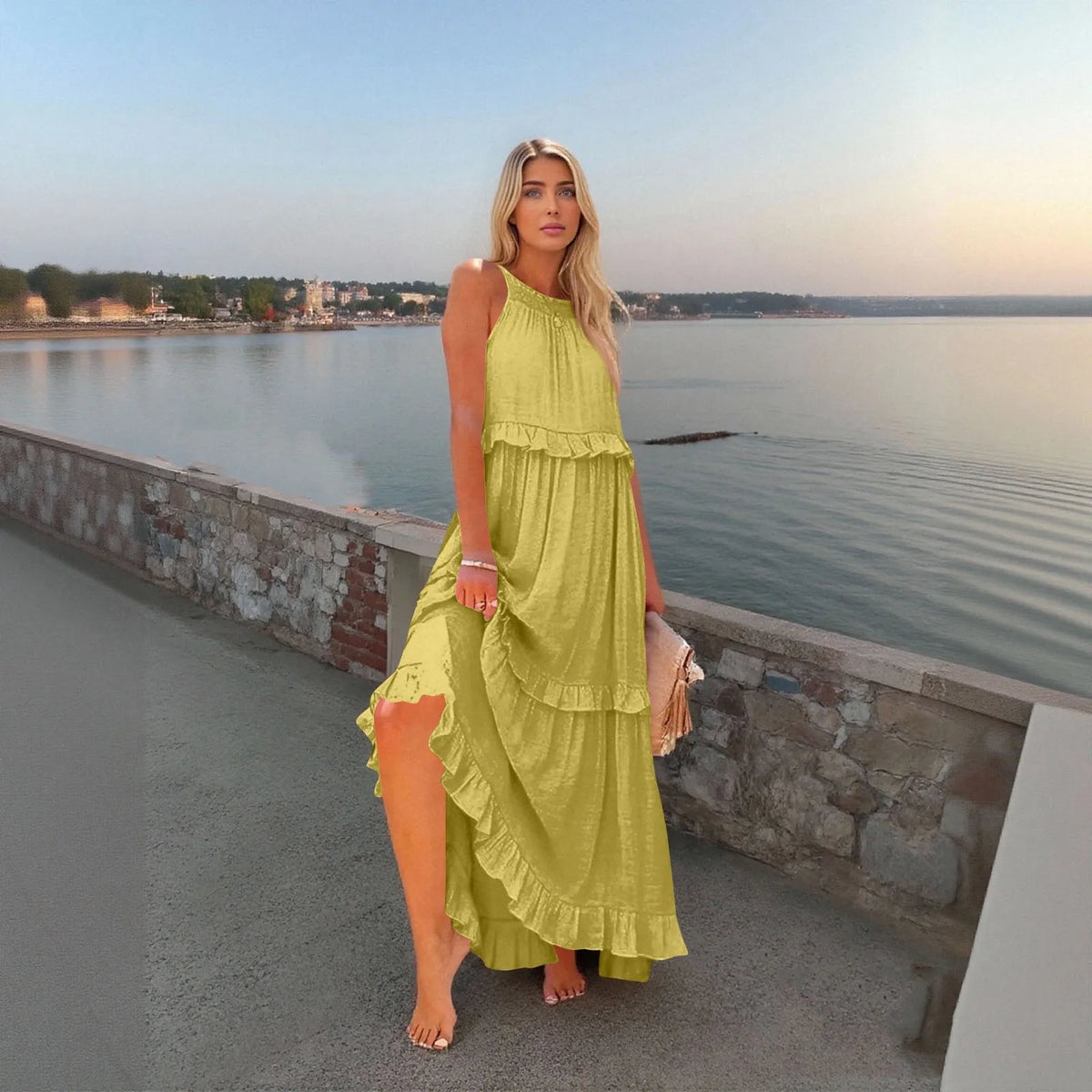 Women's Ruffled hem layered long dresses Summer Sleeveless backless dress Fashion Long Dress Big Swing Beach Dress vestidos