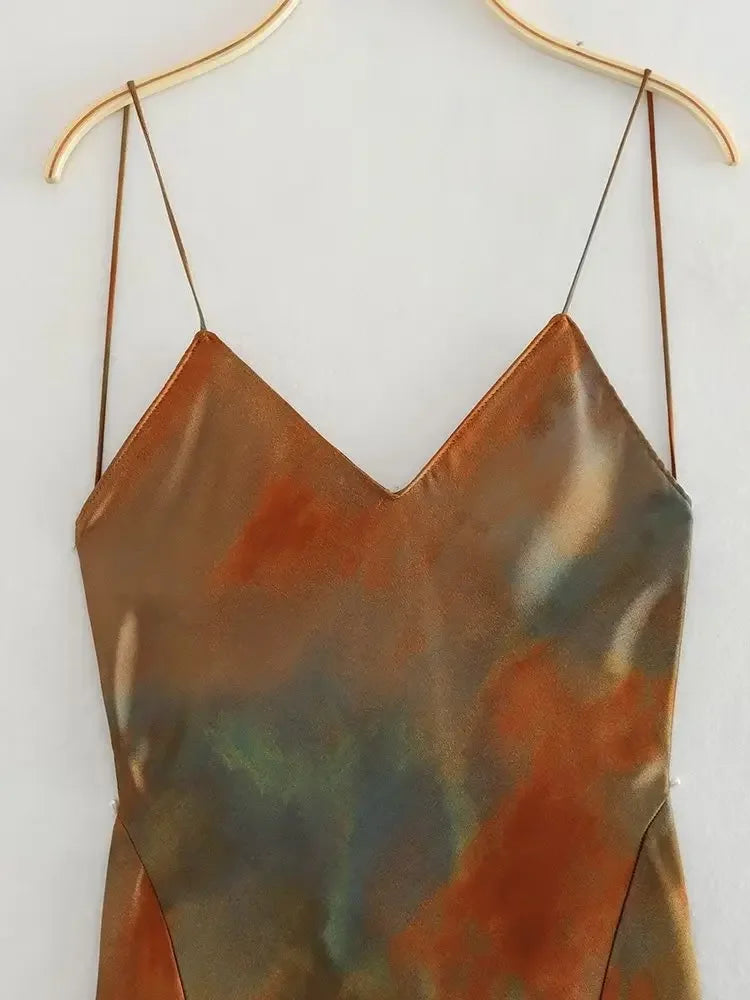 2023 New Women's Elegant Sexy Long Dress V-neck Open-back Rainbow Printing Tank Dress Sleeveless Summer Fashion