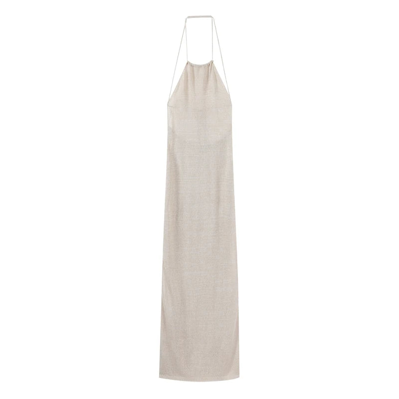 Sexy Knit Lace-up Split Long Dress Women Solid Halter Cover Up See Through Bodycon Dresses 2024 Summer Lady Chic Beach Robes