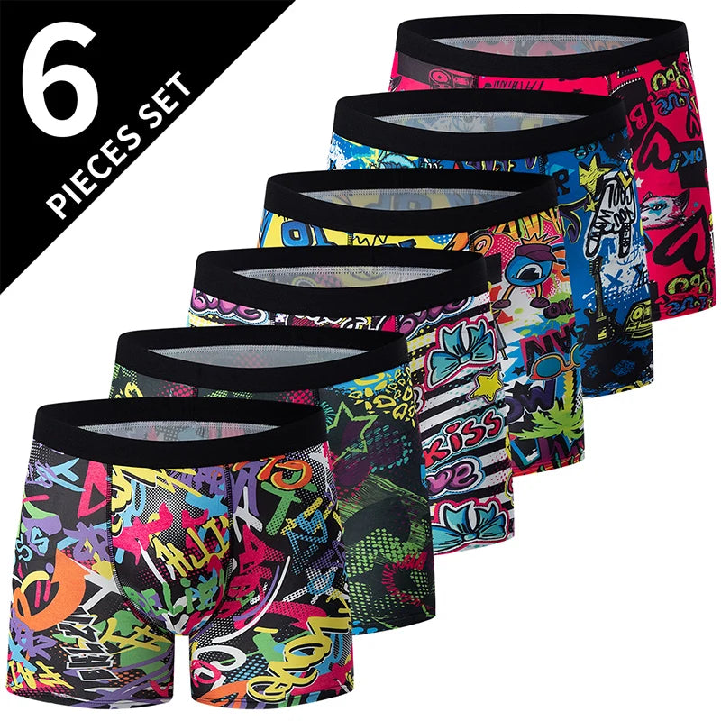6 Pcs Parent-child Fashion Printed Underwear Men's Multi-size Long Boyshort Teenagers Comfortable And Versatile Elastic Waist S