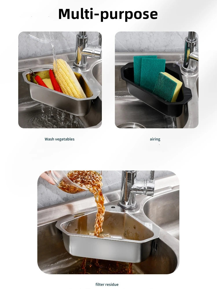 Stainless Steel Triangle Drain Basket Kitchen Sink Filter Shelf Fruit Vegetable Drainer Storage Rack Basket Bar with Suction Cup