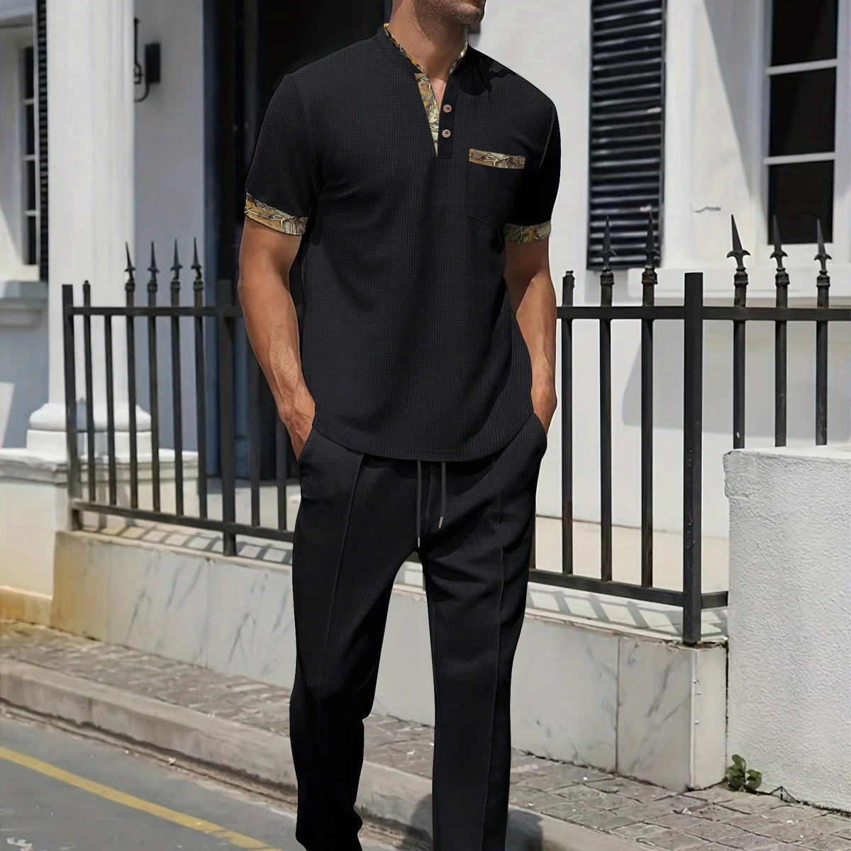 Men's Light Luxury Polo Shirt Set Summer Men's Stand up Collar Button Pocket Waffle Short Sleeve T-shirt Sports Trend Men's Set