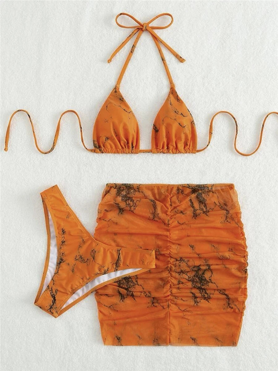 3 Pieces Thong Bikini Set With Skirt Marble texture Bathing Suit Women Swimsuit Set Female Swimwear Beach Wear Swimming Summer