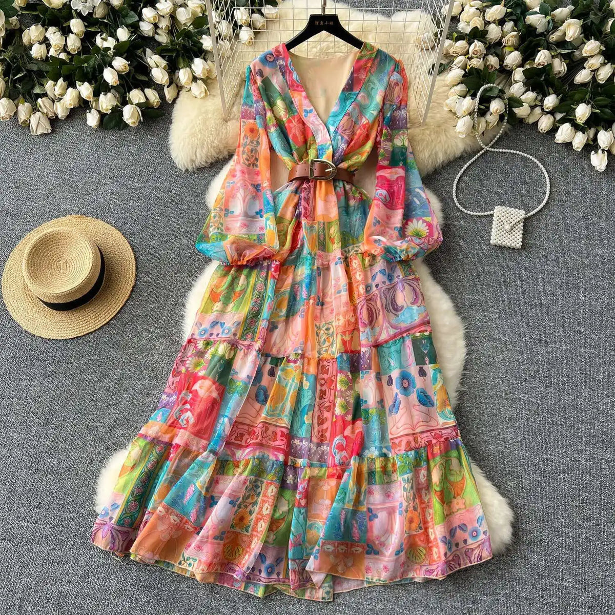 XFPV 2025 Spring New Fashion High-end V-neck Lantern Sleeves High Waist Print Swing Ruffle Edge Chiffon Long Dress Women SM11517
