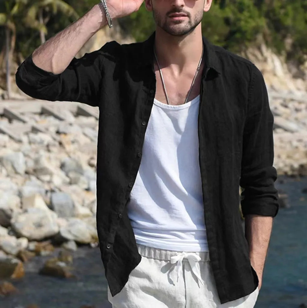 Men's retro casual long-sleeved lapel single-breasted cardigan shirt