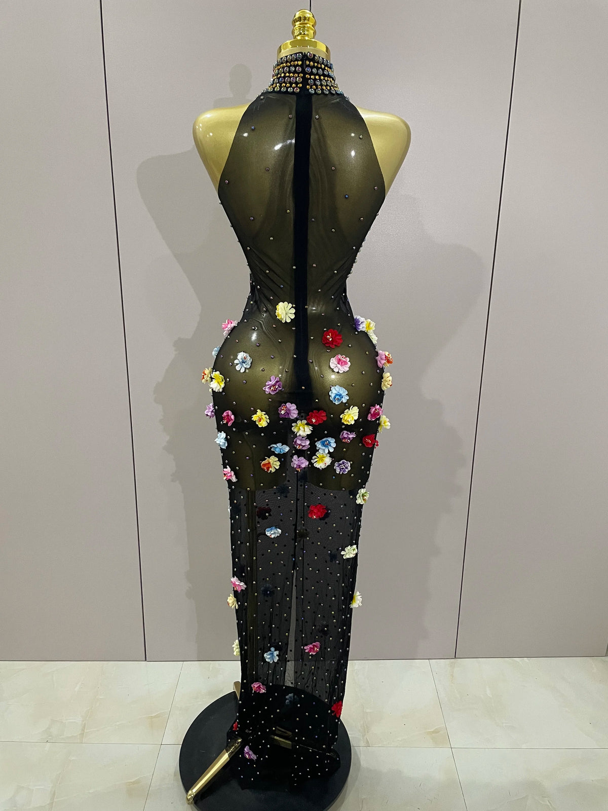 Sparkly Rhinestones Flowers Sexy See Through Long Dress 2025Women Birthday Celebrate Wedding Evening Prom Dress Photo Shoot Wear