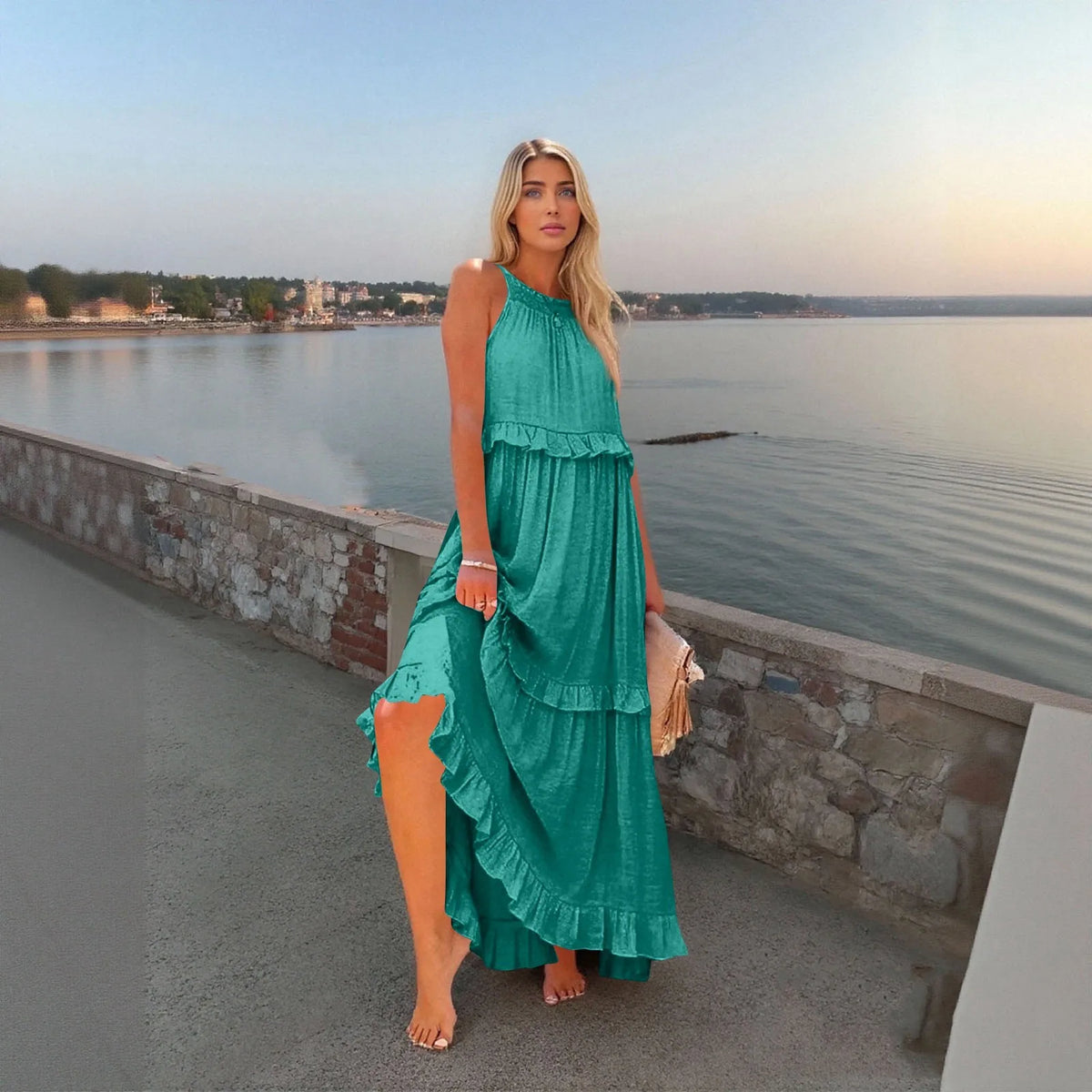 Women's Ruffled hem layered long dresses Summer Sleeveless backless dress Fashion Long Dress Big Swing Beach Dress vestidos