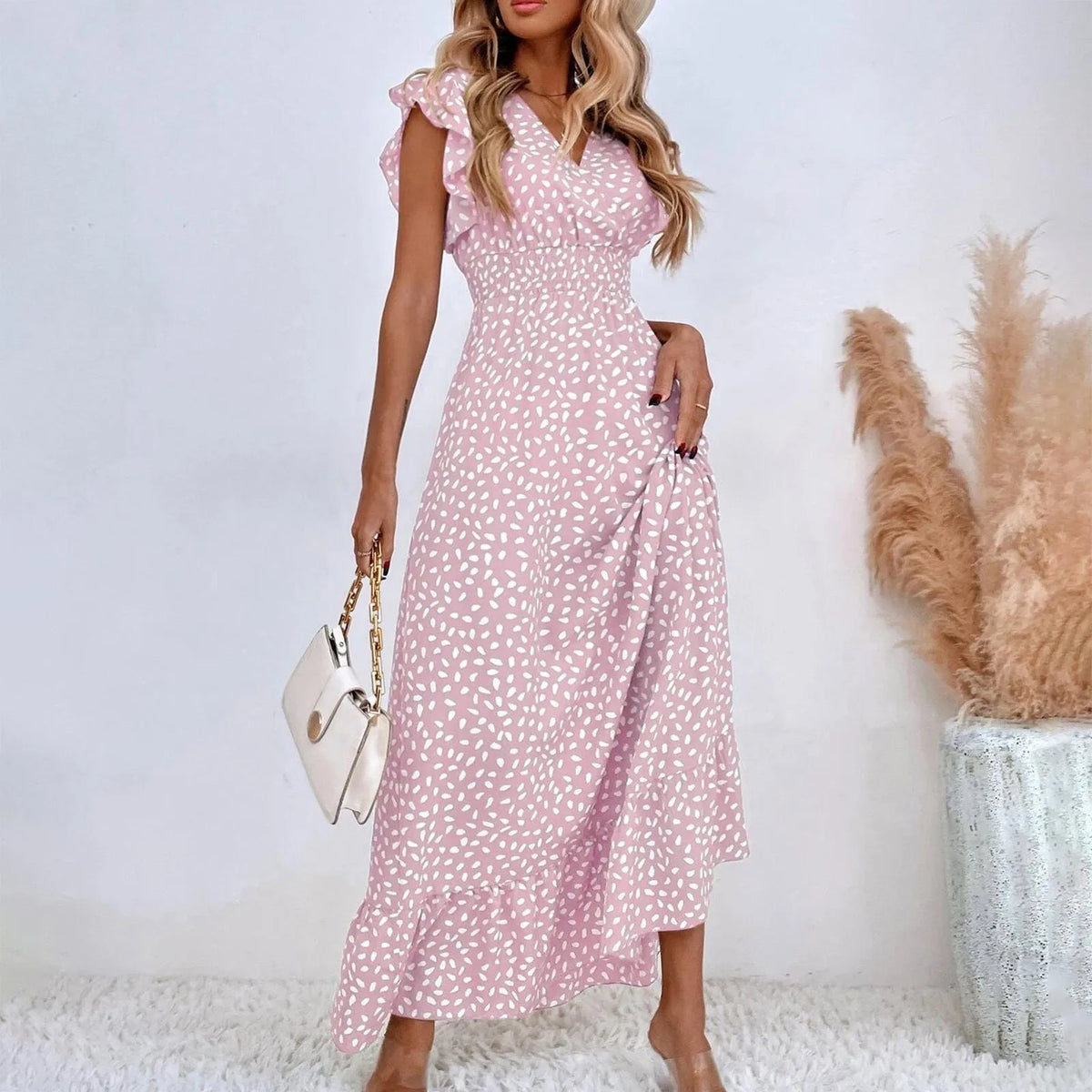 Polka Dot Dress For Women Sexy V-Neck Long Dress Casual And Fashionable Ruffle Edge Short Sleeved High Waisted Dress
