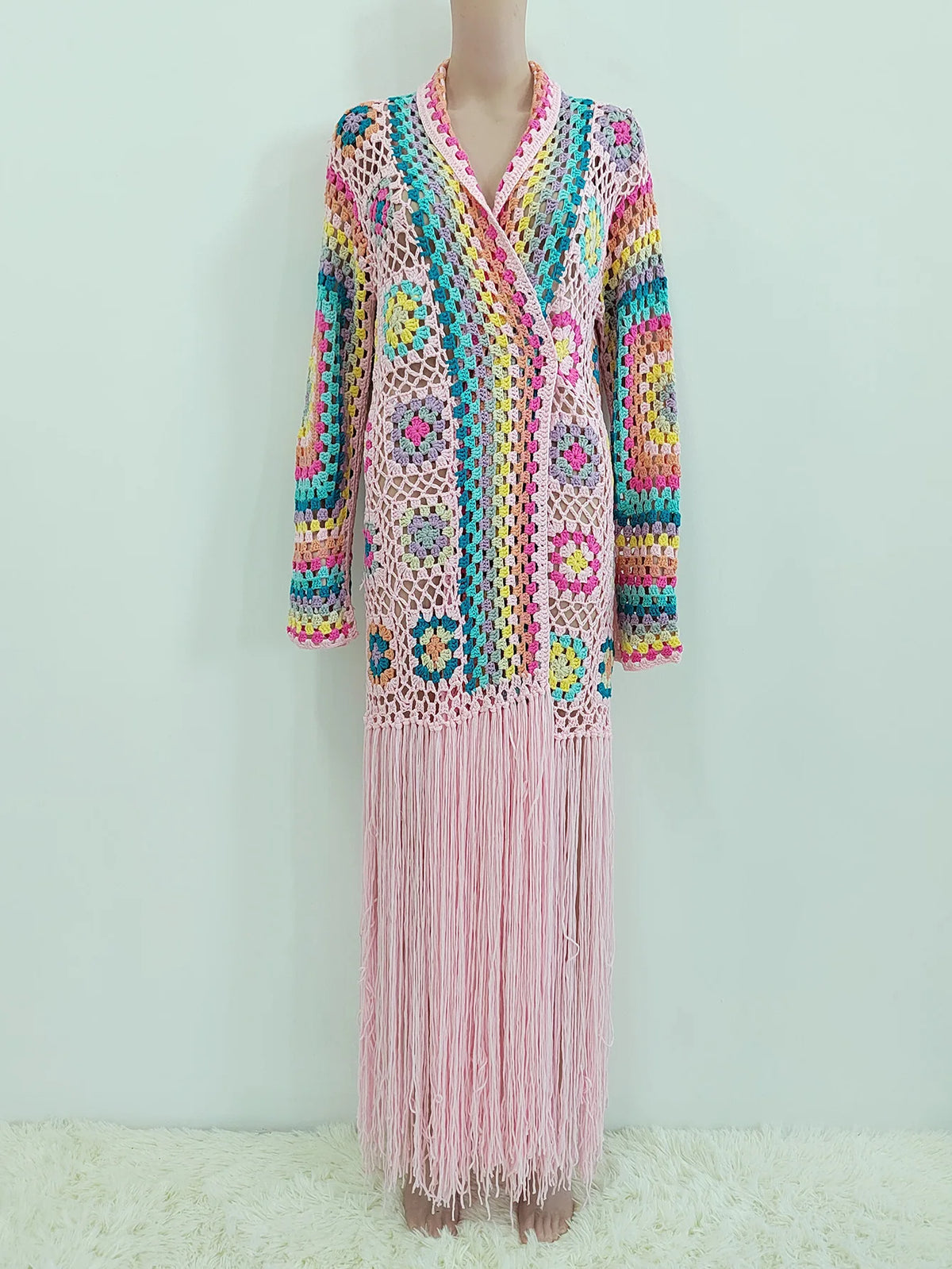 Crochet Knitted Women Cardigan Cover Ups Tassel Plaid Long Coat Bohemian 2023 Summer Beach Bikini Covers Sexy Hook Vestidos