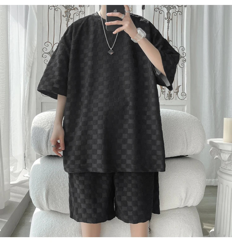 Men's Set Fashion Summer Loose Casual Plaid T Shirts And Shorts High Quality Korean Luxury Clothing Men's Clothes Big Size 5XL-M