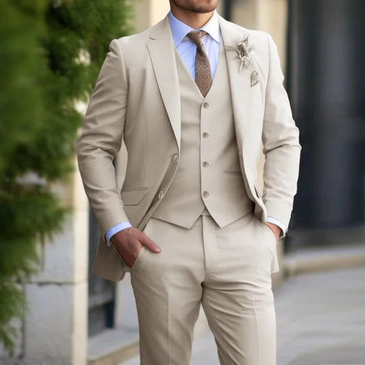 3 Pieces Beige Suits for Men Fashion Slim Fit Blazer Vest Pants Set Formal Business Wedding Tuxedos for Men Casual Clothing