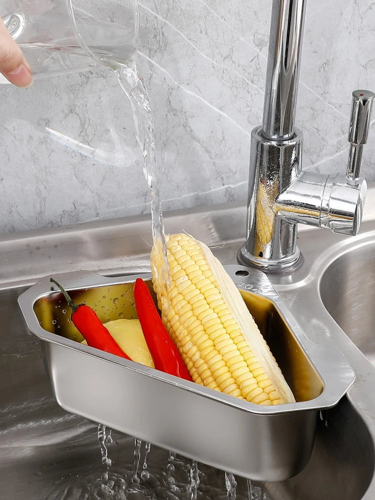 Stainless Steel Triangle Drain Basket Kitchen Sink Filter Shelf Fruit Vegetable Drainer Storage Rack Basket Bar with Suction Cup