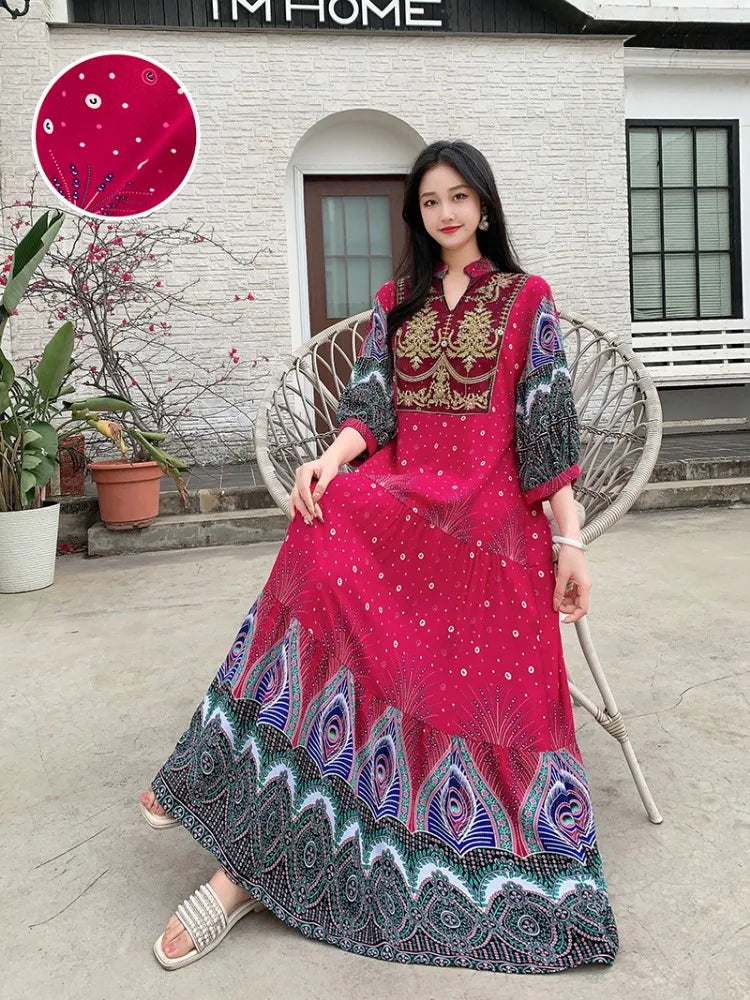 Summer Autumn Robe Maxi Long Dress Women Indian Clothes Boho Cotton Print Floral Boho Korean Style Fashion Casual Vestido Largos