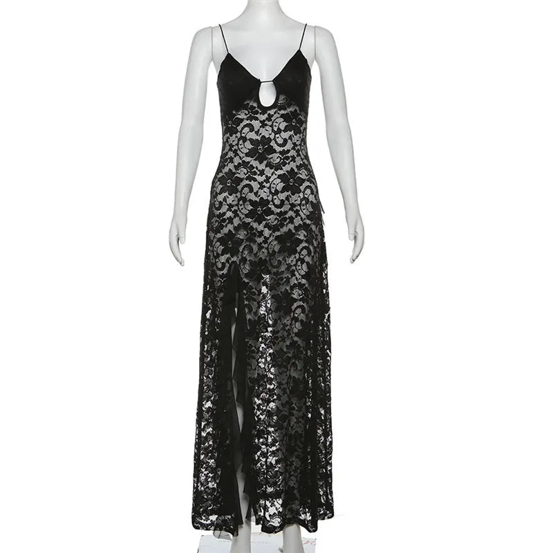 Nibber Sexy See Through Lace Sleeveless Long Dress Women Patchwork Summer Backless V-neck Side Slit Party Evening Maxi Vestidos