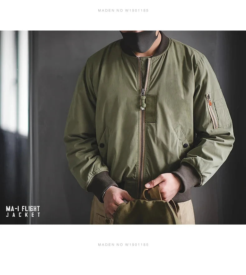Maden Retro MA1 Bomber Jacket Thickened Splicing Baseball Flight Coat with Inner Pocket for Men's Winter Cotton Padded Jacket