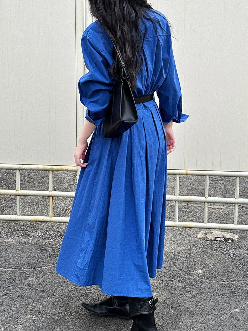 Polo‘s Collar Shirt Dress  Women Spring Slimming Long Dress With A Cinched Waist Blue / Pink