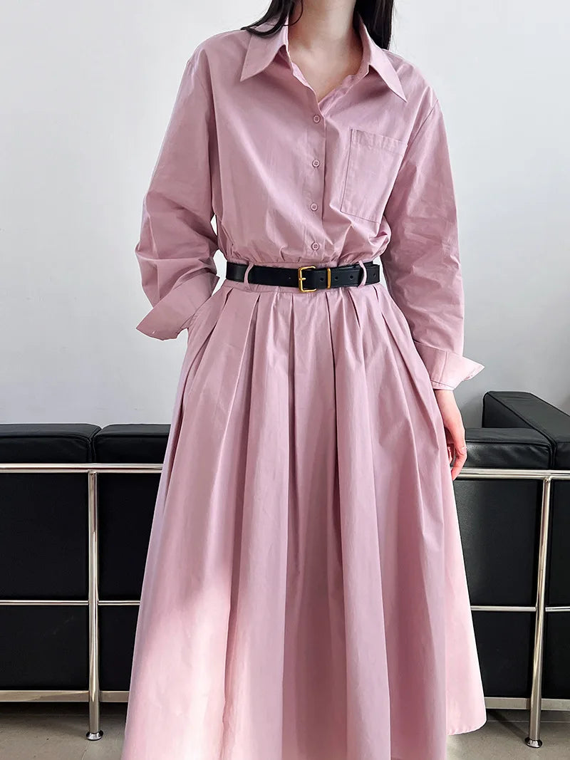 Polo‘s Collar Shirt Dress  Women Spring Slimming Long Dress With A Cinched Waist Blue / Pink