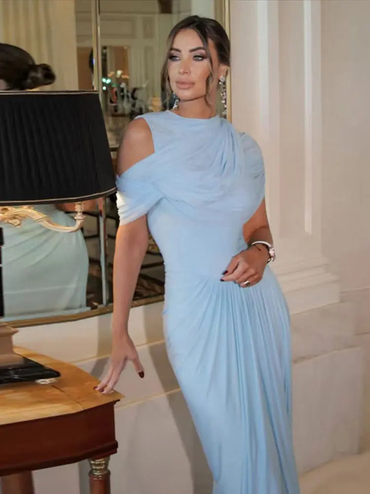 Shawl Long Dress Women Elegant Asymmetrical Chiffon Pleat Slim Waist Maxi Dresses 2025 Summer New Female Evening Party Prom Gown